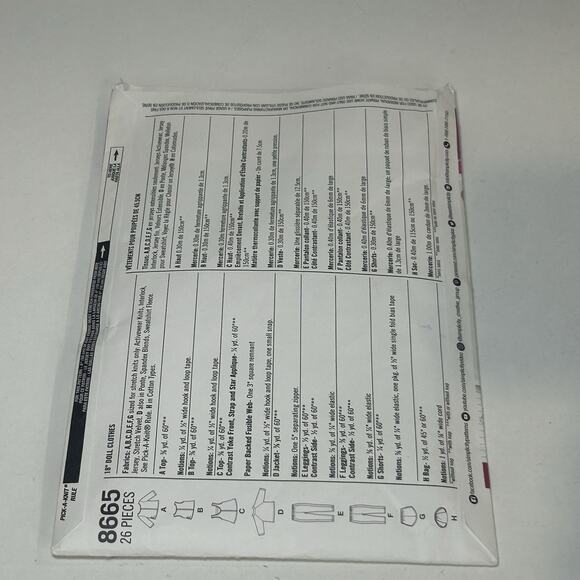 American Girl SEWING PATTERN #8665 4 Outfits 18" Doll Clothes Activewear Uncut - Picture 2 of 3